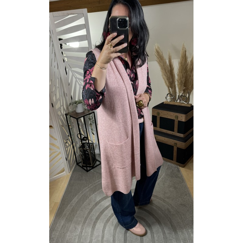 Gilet long sans manche Rose poudré **