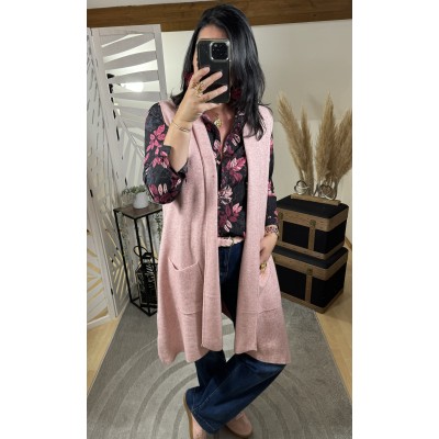 Gilet long sans manche Rose poudré **