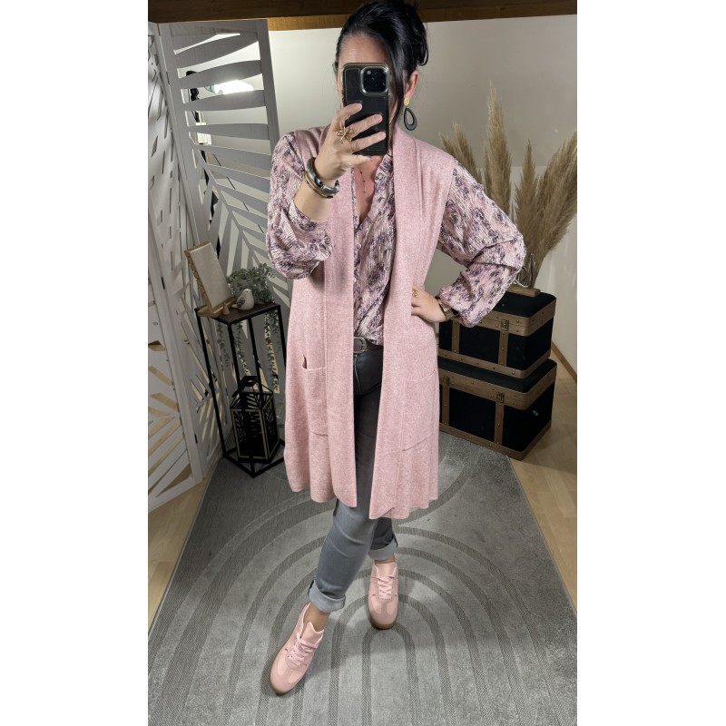 Gilet long sans manche Rose poudré **