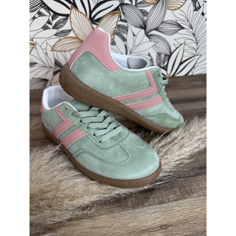 Sneakers vert d’eau et rose