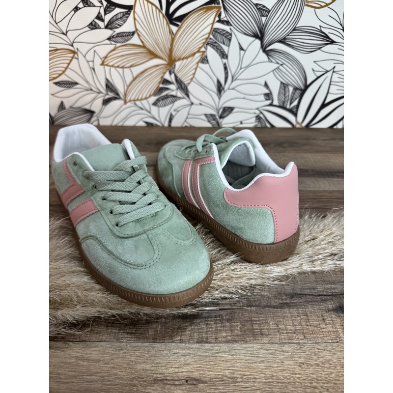 Sneakers vert d’eau et rose