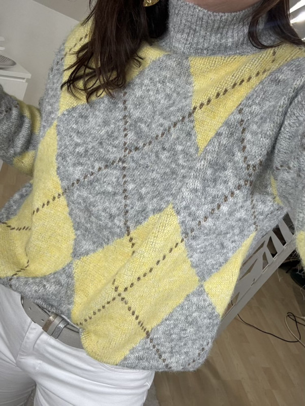 Pull col cheminée Jacquard Jaune et Gris 