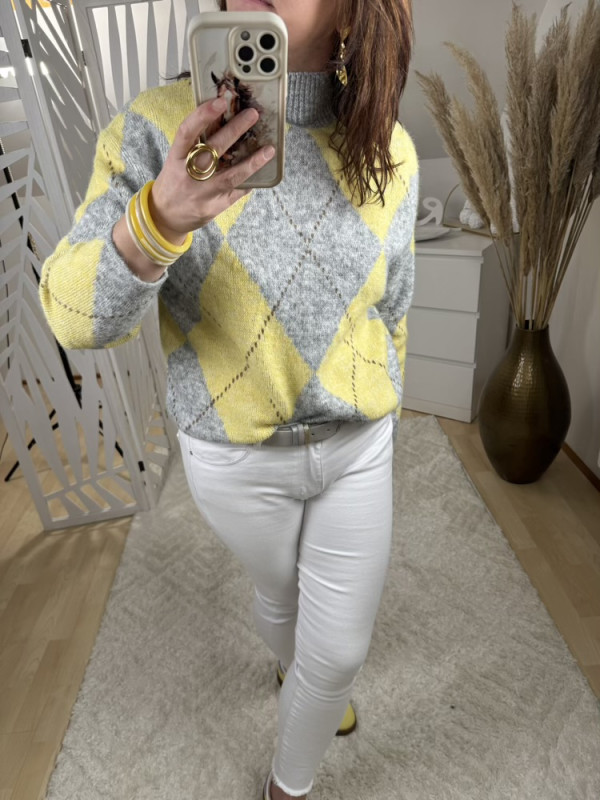 Pull col cheminée Jacquard Jaune et Gris 