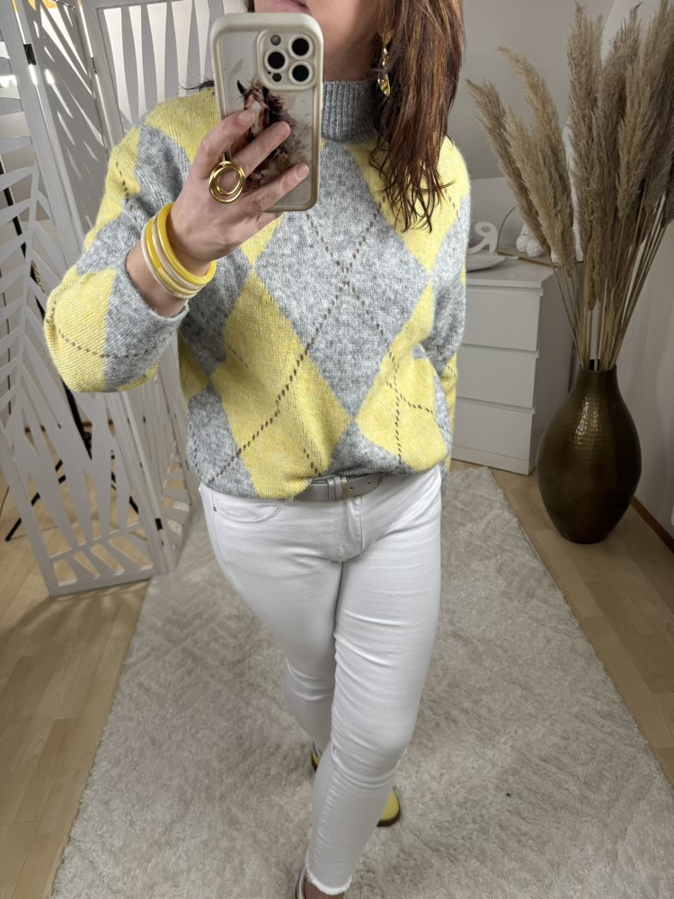 Pull col cheminée Jacquard Jaune et Gris 