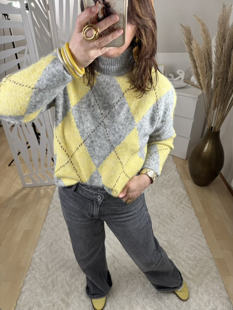 Pull col cheminée Jacquard Jaune et Gris 