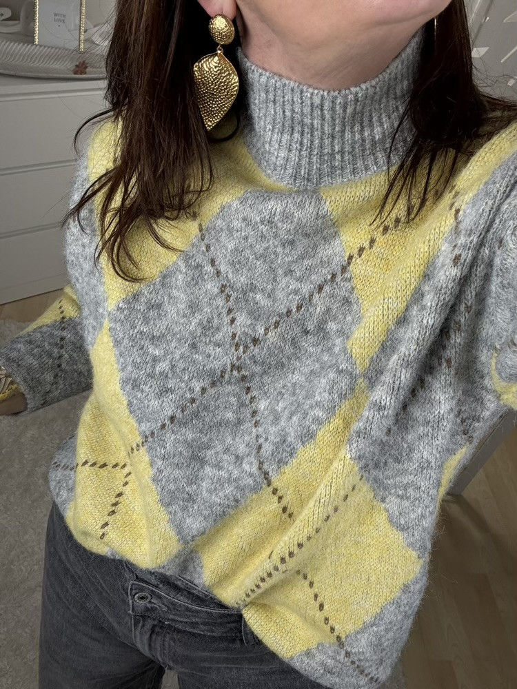 Pull col cheminée Jacquard Jaune et Gris 
