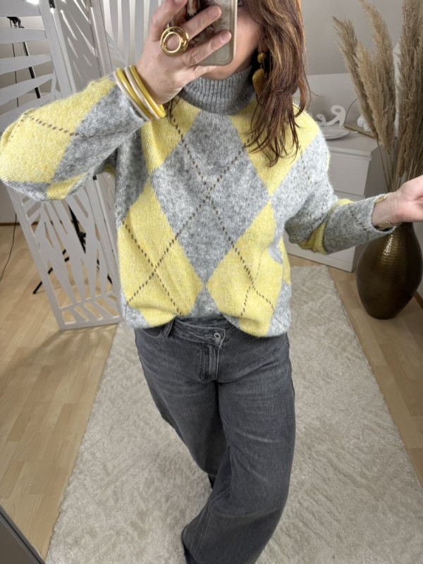 Pull col cheminée Jacquard Jaune et Gris 