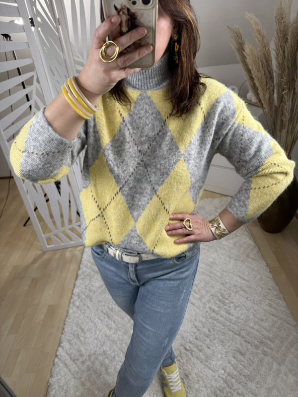 Pull col cheminée Jacquard Jaune et Gris 