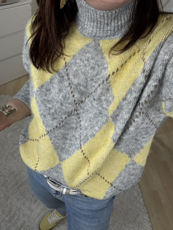 Pull col cheminée Jacquard Jaune et Gris 