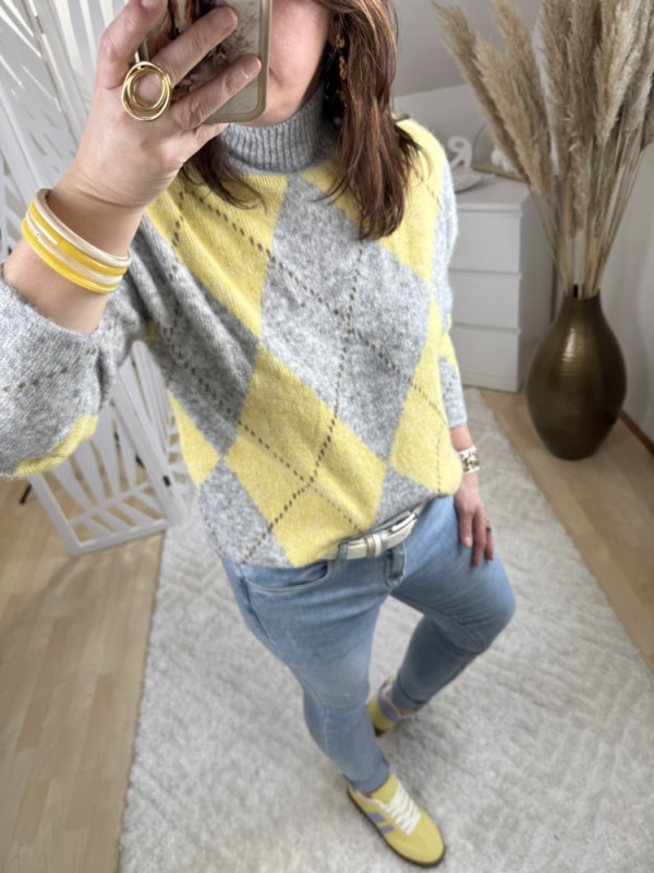 Pull col cheminée Jacquard Jaune et Gris 