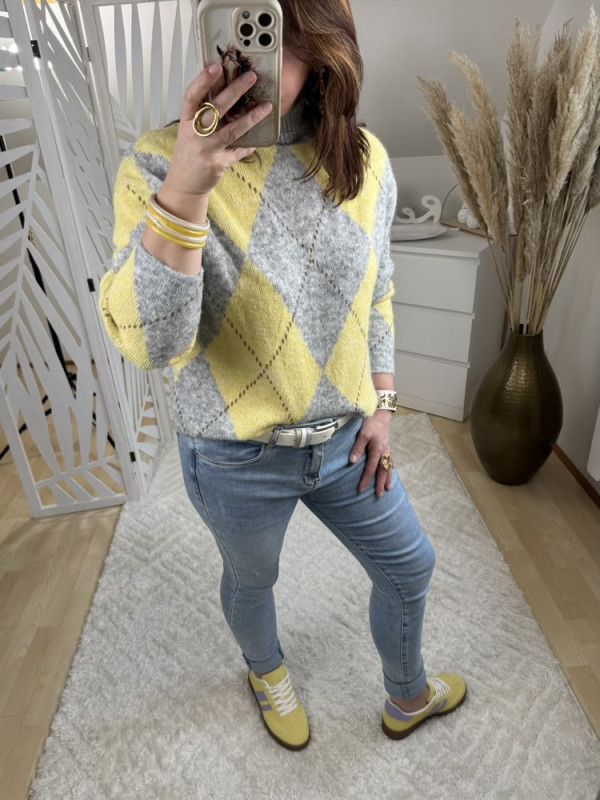 Pull col cheminée Jacquard Jaune et Gris 