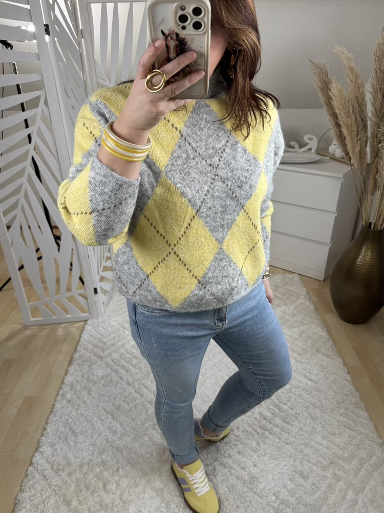 Pull col cheminée Jacquard Jaune et Gris 