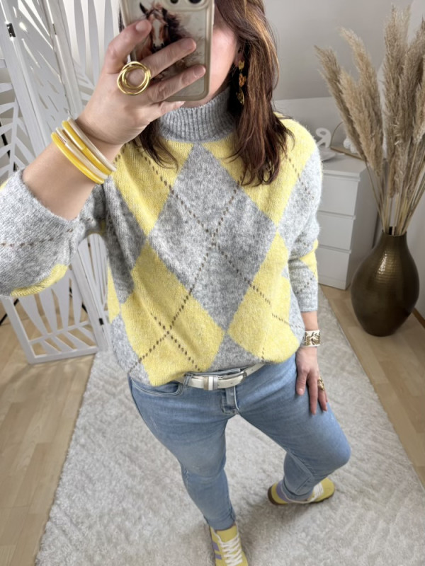 Pull col cheminée Jacquard Jaune et Gris 