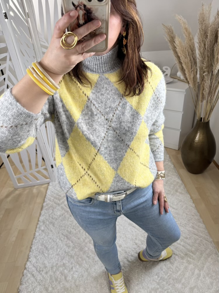 Pull col cheminée Jacquard Jaune et Gris 