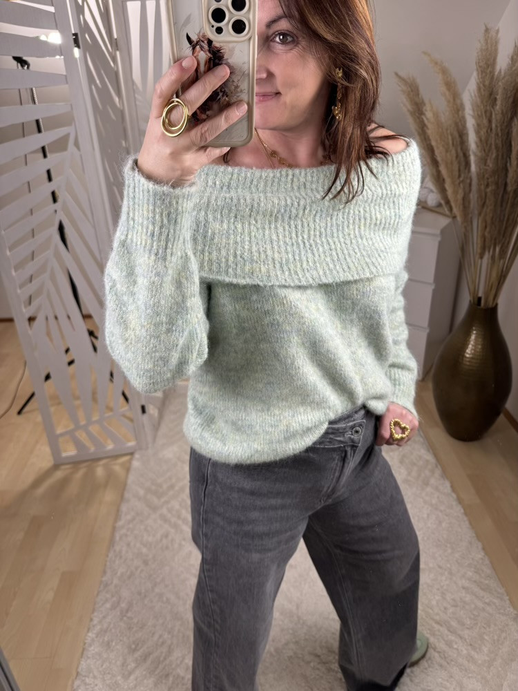 Pull col Bardot Vert d’eau 