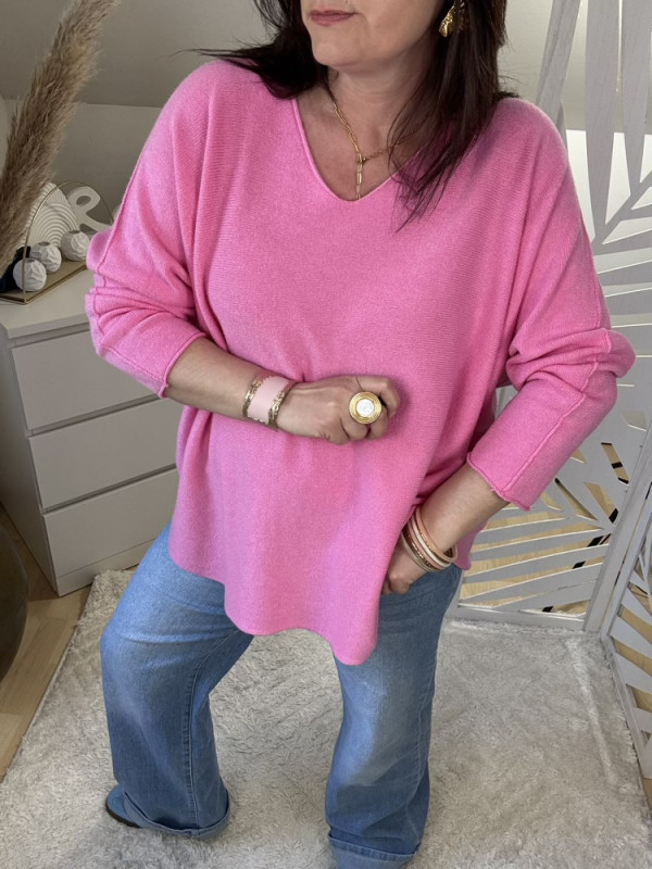 Pull oversize col V bleu jaune rose orange 