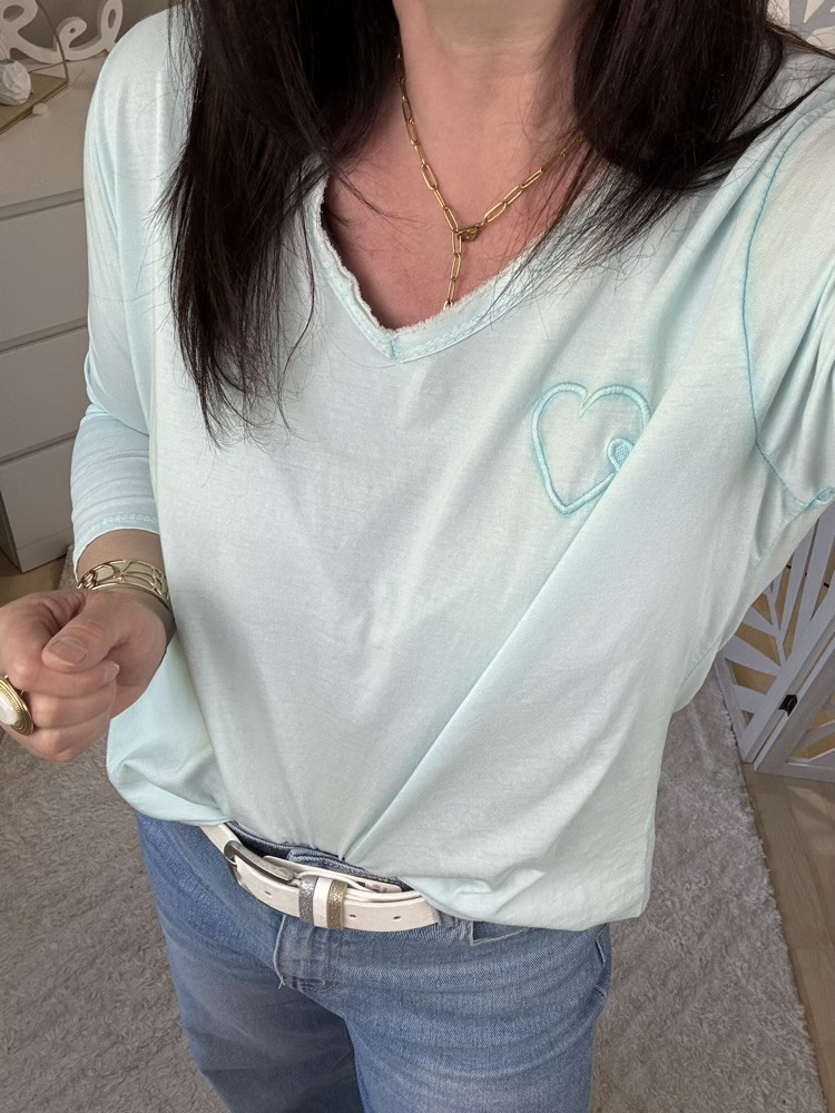 T Shirt manches longues vert d’eau Broderie double cœur :) 