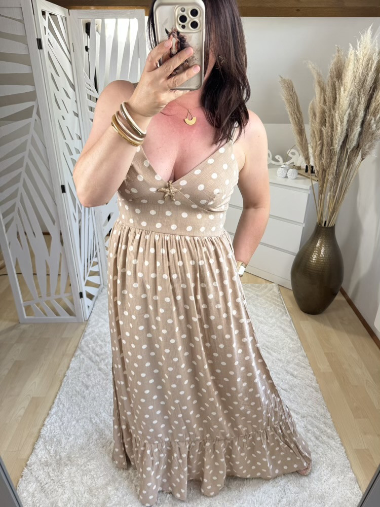 Robe à fines bretelles longue beige à pois blanc Tina :) 
