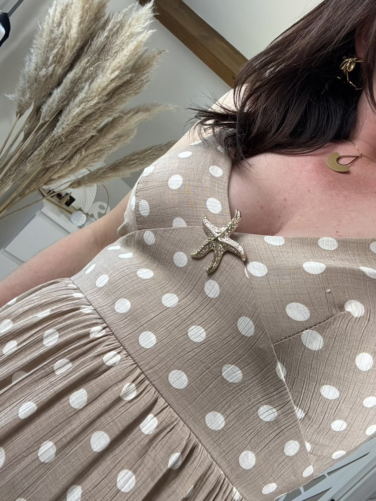 Robe à fines bretelles longue beige à pois blanc Tina :) 