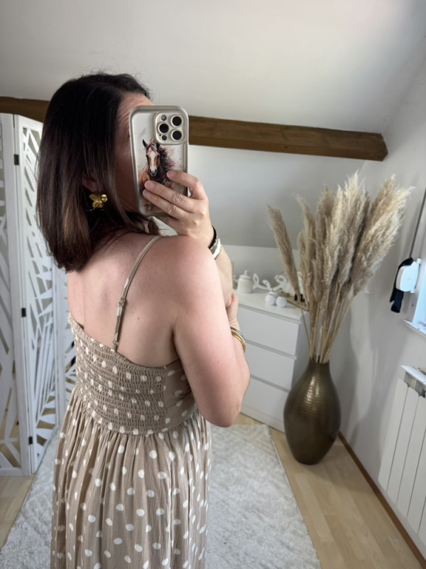 Robe à fines bretelles longue beige à pois blanc Tina :) 