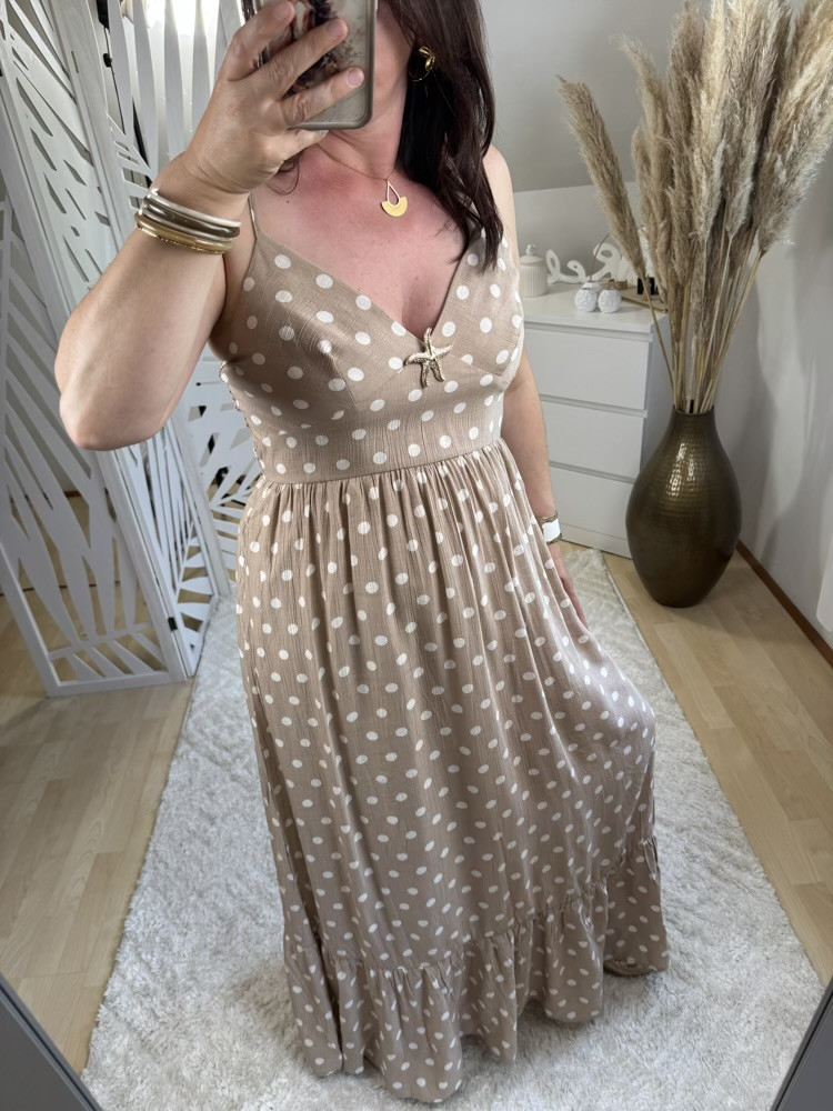 Robe à fines bretelles longue beige à pois blanc Tina :) 
