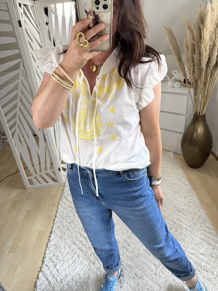 Blouse blanche broderie jaune 