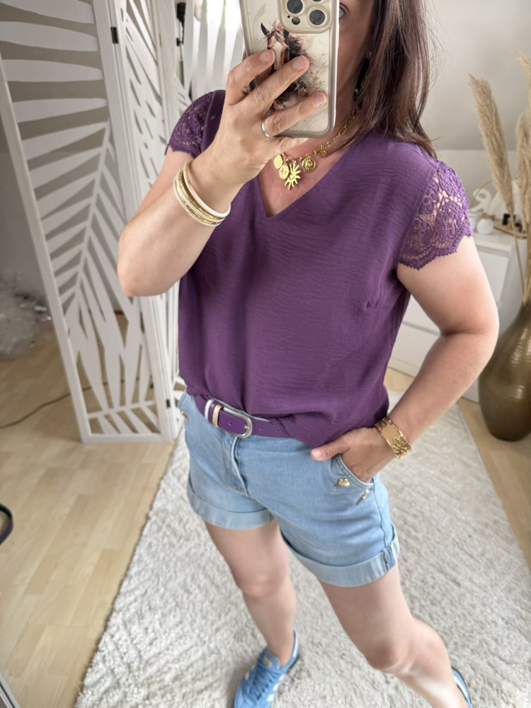 Top manches dentelle Rouge, Rose Violet 