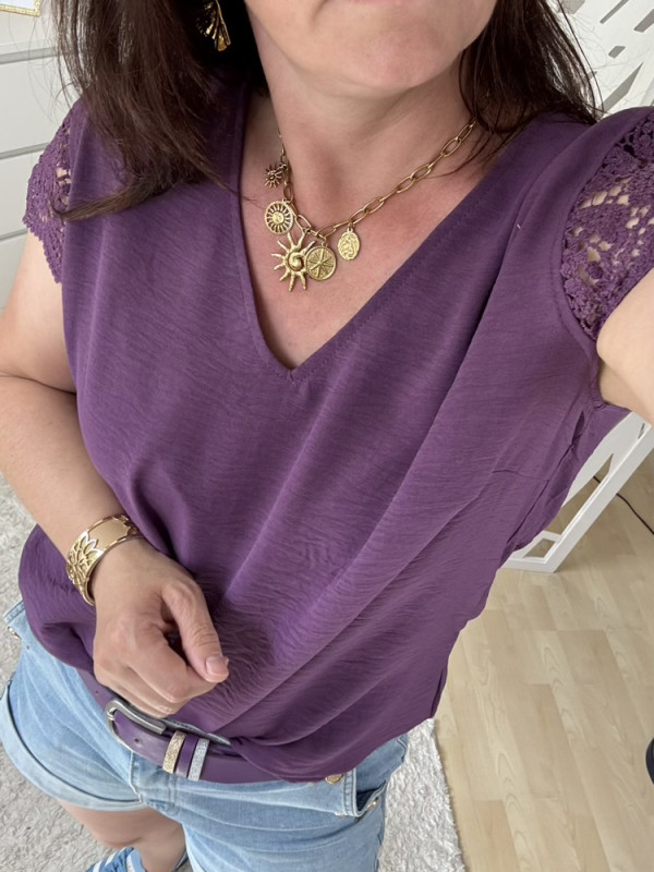 Top manches dentelle Rouge, Rose Violet 