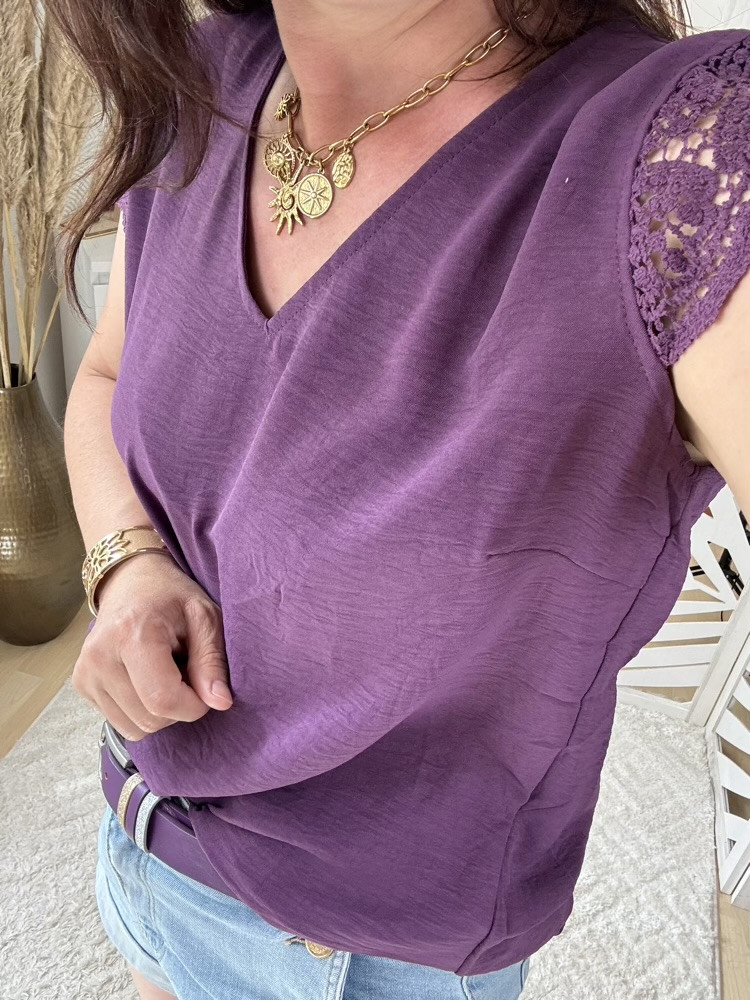 Top manches dentelle Rouge, Rose Violet 