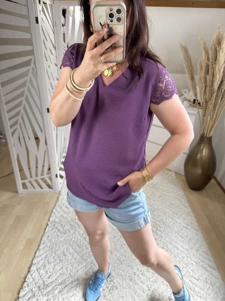 Top manches dentelle Rouge, Rose Violet 