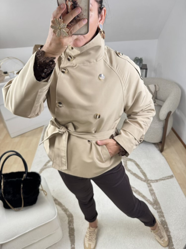 Trench court chocolat ou beige Col montant 