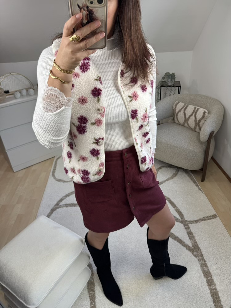Gilet Sherpa fleuri tons bordeaux rose 