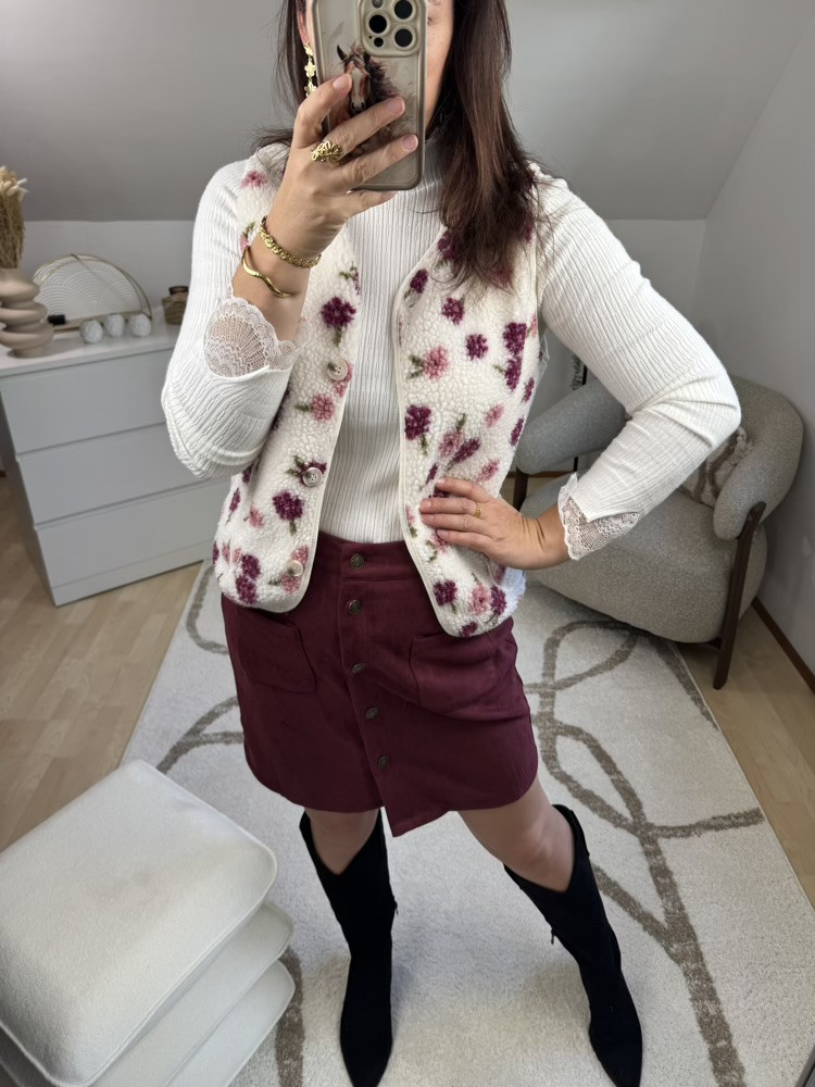 Gilet Sherpa fleuri tons bordeaux rose 