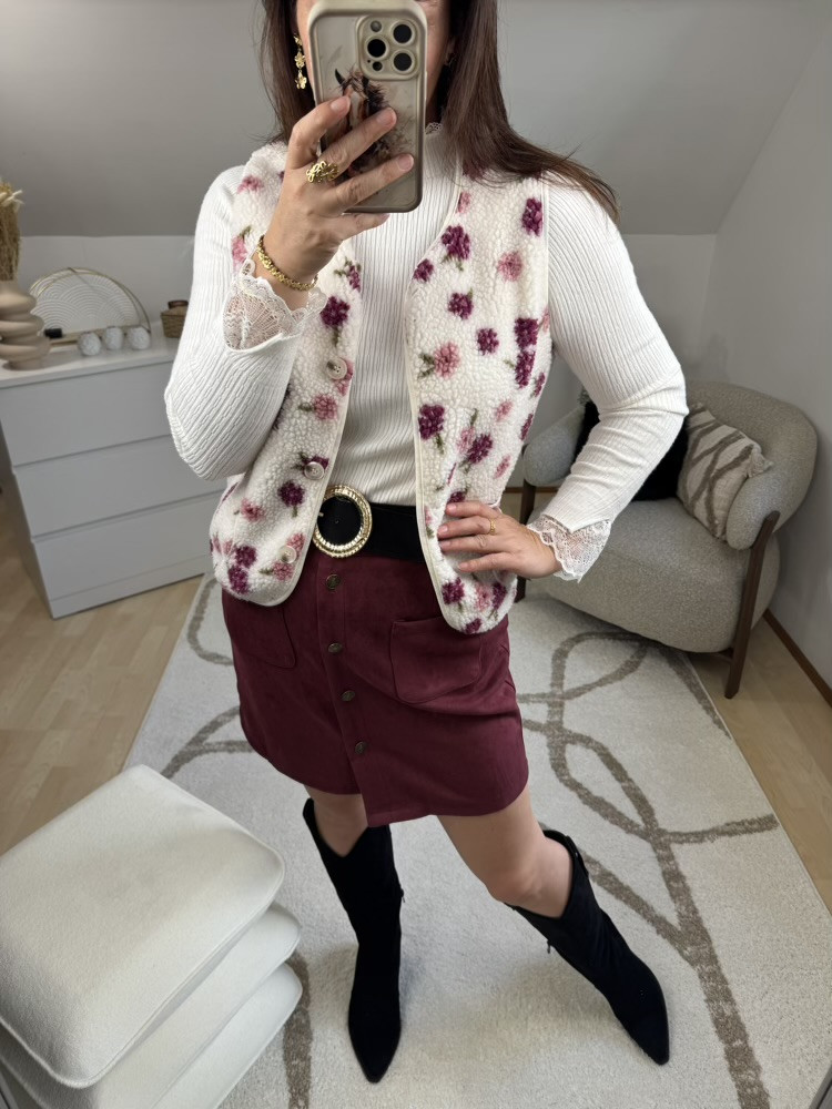 Gilet Sherpa fleuri tons bordeaux rose 