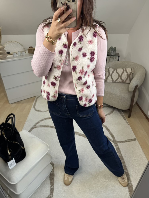 Gilet Sherpa fleuri tons bordeaux rose 