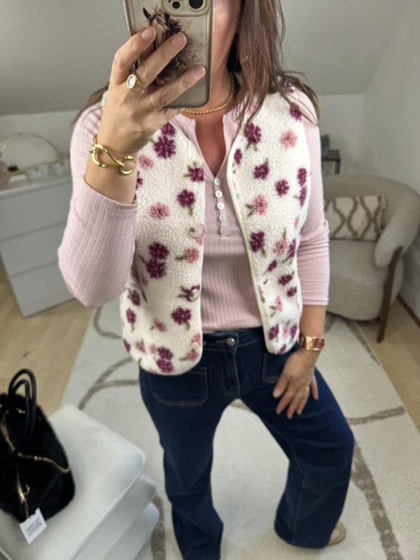 Gilet Sherpa fleuri tons bordeaux rose 