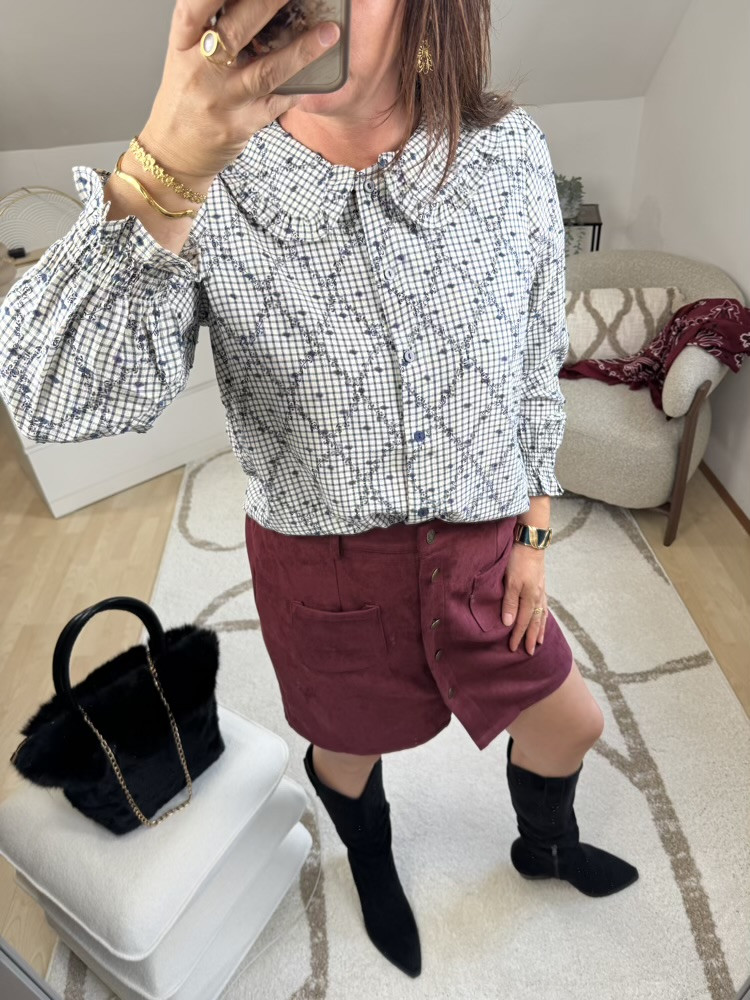 Chemise col Claudine volanté à carreaux 