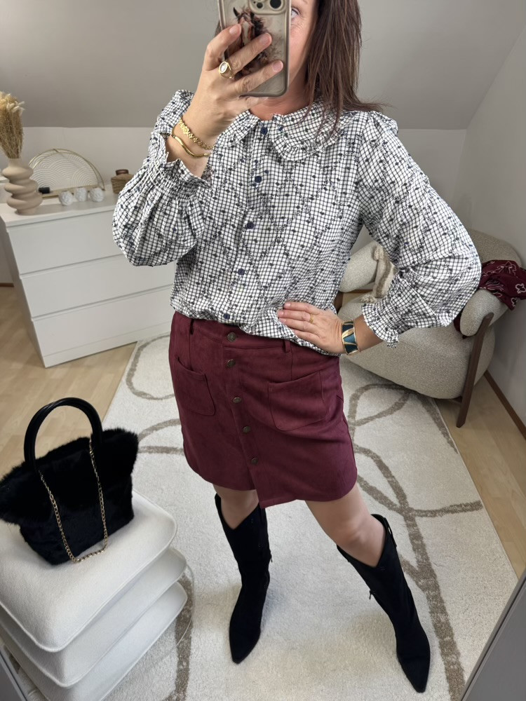 Chemise col Claudine volanté à carreaux 