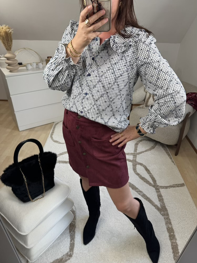 Chemise col Claudine volanté à carreaux 