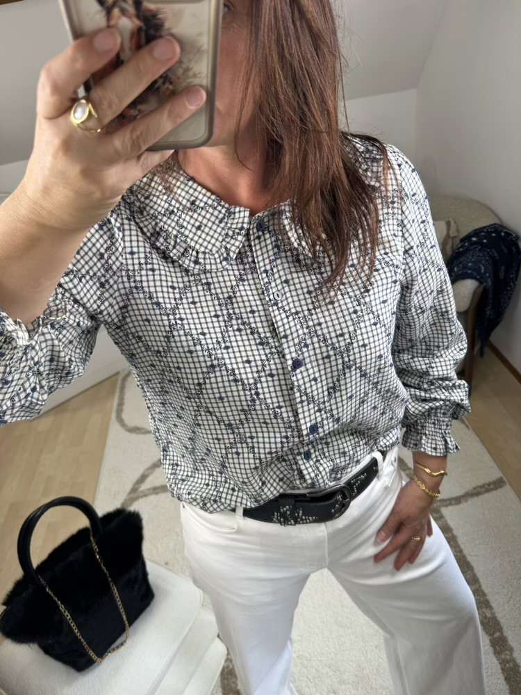 Chemise col Claudine volanté à carreaux 