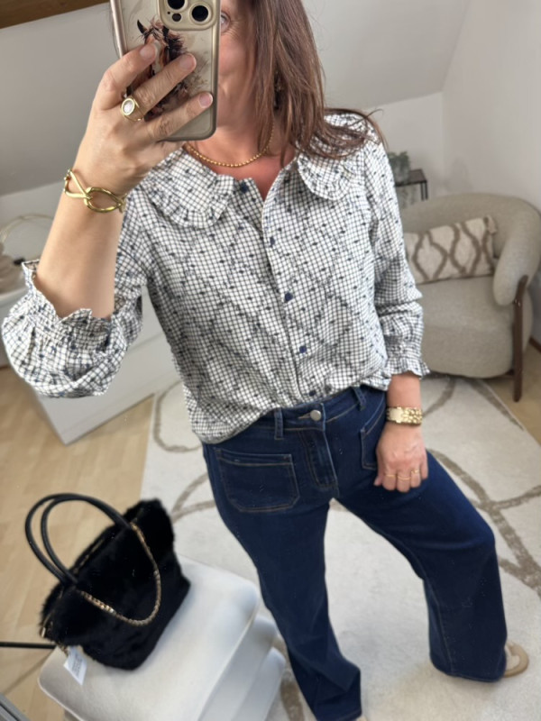 Chemise col Claudine volanté à carreaux 