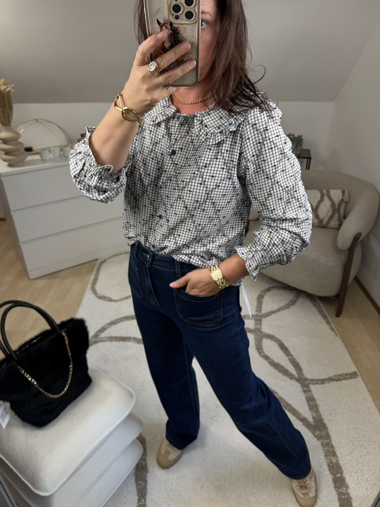 Chemise col Claudine volanté à carreaux 