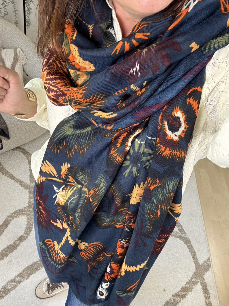 Écharpe marine ou Bordeaux Motifs multicolores 