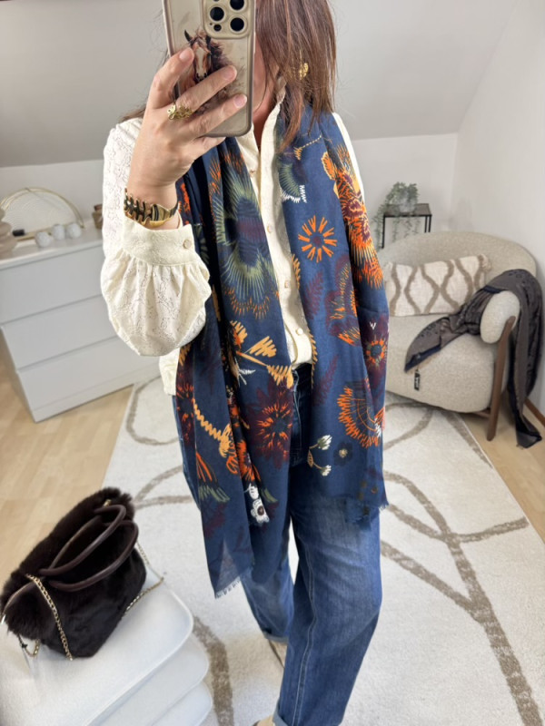 Écharpe marine ou Bordeaux Motifs multicolores 