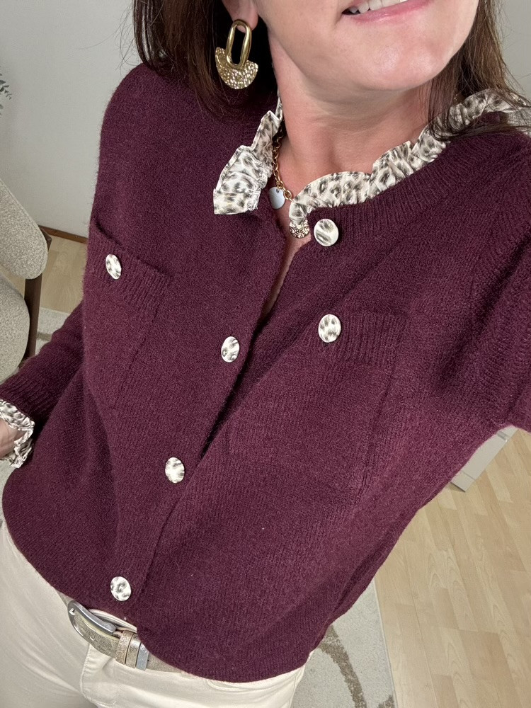 Gilet Bordeaux détails motif animalier 