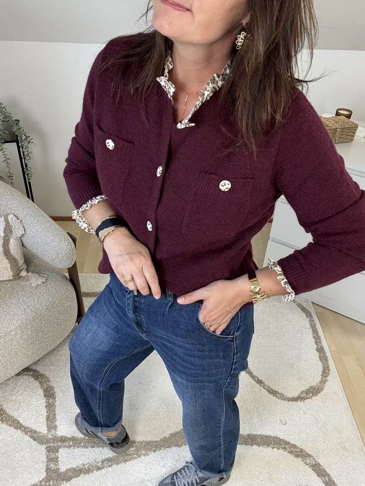 Gilet Bordeaux détails motif animalier 