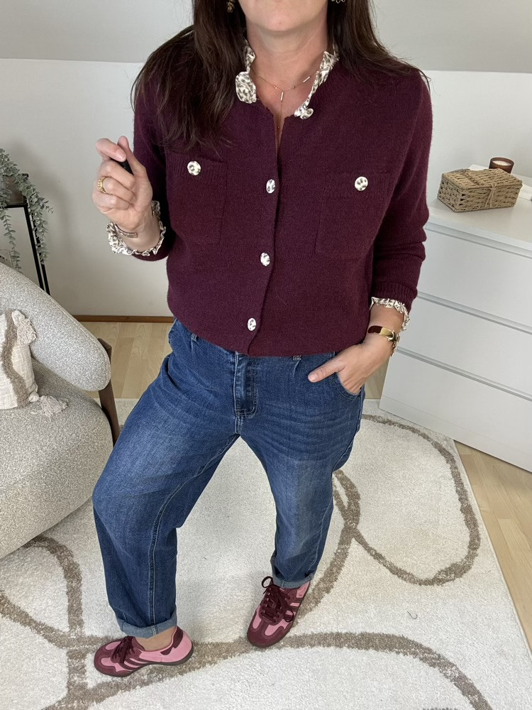Gilet Bordeaux détails motif animalier 