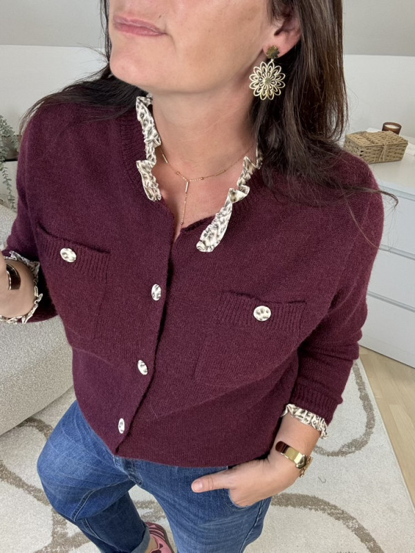Gilet Bordeaux détails motif animalier 