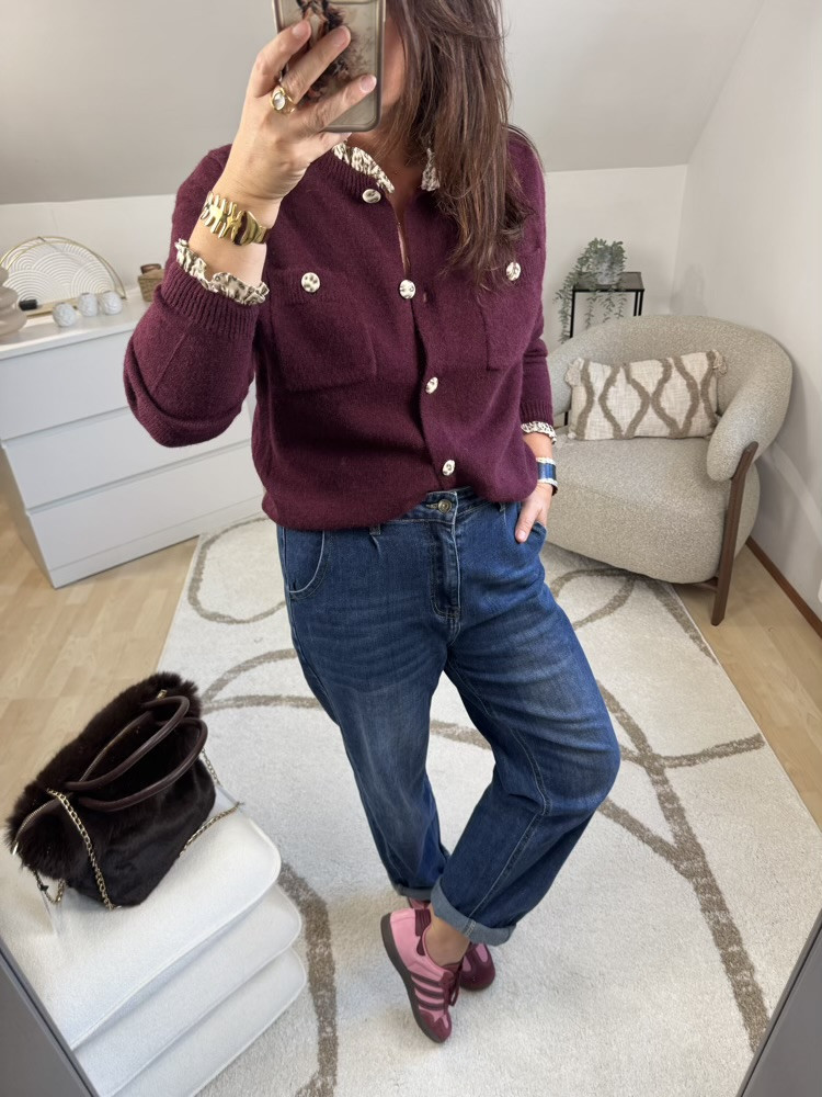 Gilet Bordeaux détails motif animalier 