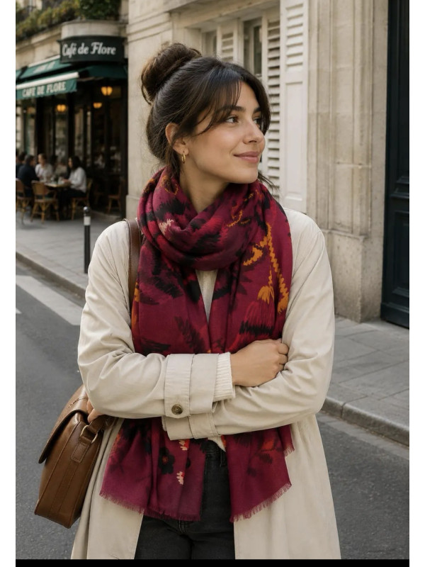 Écharpe marine ou Bordeaux Motifs multicolores 